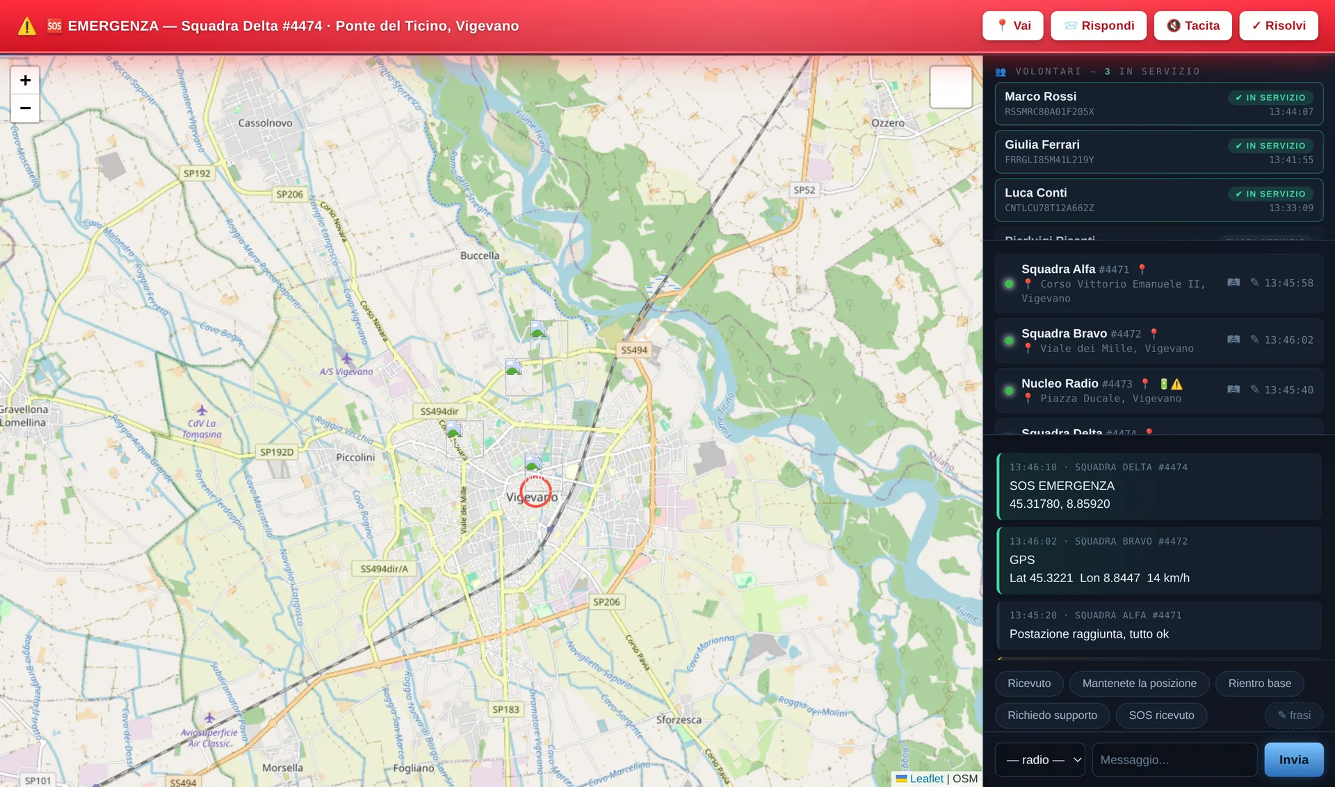Dashboard VALKYRIE: mappa con le radio georeferenziate e banner di emergenza SOS